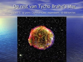 De rest van Tycho Brahe’s ster Afstand 7500 lj; op grens Cepheus–Cass; expandeert; 10 000 km/sec   