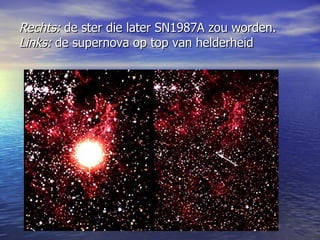 Rechts:  de ster die later SN1987A zou worden.  Links:  de supernova op top van helderheid 
