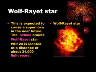 Wolf-Rayet star This is expected to cause a supernova in the near future. The  nebula  around  Wolf- Rayet  star  WR124 is located at a distance of about 21,000  light years . Wolf-Rayet star 