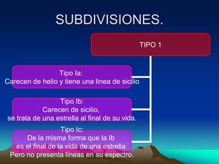 SUBDIVISIONES.
                                                TIPO 1



                 Tipo Ia:
Carecen de helio y tiene una linea de sicilio

                 Tipo Ib:
            Carecen de sicilio,
se trata de una estrella al final de su vida.
                  Tipo Ic:
      De la misma forma que la Ib
  es el final de la vida de una estrella
 Pero no presenta líneas en su espectro.
 