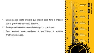 • Essa reação libera energia que irradia para fora e impede
que a gravidade faça tudo desabar.
• Esse processo consome mais energia do que libera.
• Sem energia para combater a gravidade, a estrela
finalmente desaba.
 
