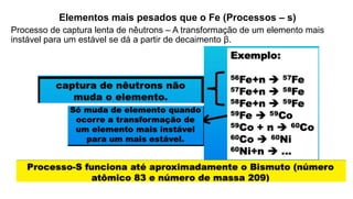Elementos mais pesados que o Fe (Processos – s)
Processo de captura lenta de nêutrons – A transformação de um elemento mais
instável para um estável se dá a partir de decaimento β.
 