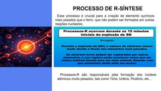 PROCESSO DE R-SÍNTESE
Esse processo é crucial para a criação de elemento químicos
mais pesados que o ferro. que não podem ser formados em outras
reações nucleares.
Processos-R são responsáveis pela formação dos núcleos
atômicos muito pesados, tais como Tório, Urânio, Plutônio, etc…
 