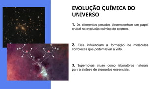 EVOLUÇÃO QUÍMICA DO
UNIVERSO
1. Os elementos pesados desempenham um papel
crucial na evolução química do cosmos.
2. Eles influenciam a formação de moléculas
complexas que podem levar à vida.
3. Supernovas atuam como laboratórios naturais
para a síntese de elementos essenciais.
 