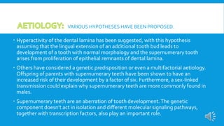 VARIOUS HYPOTHESES HAVE BEEN PROPOSED.
 Hyperactivity of the dental lamina has been suggested, with this hypothesis
assuming that the lingual extension of an additional tooth bud leads to
development of a tooth with normal morphology and the supernumerary tooth
arises from proliferation of epithelial remnants of dental lamina.
 Others have considered a genetic predisposition or even a multifactorial aetiology.
Offspring of parents with supernumerary teeth have been shown to have an
increased risk of their development by a factor of six. Furthermore, a sex-linked
transmission could explain why supernumerary teeth are more commonly found in
males.
 Supernumerary teeth are an aberration of tooth development.The genetic
component doesn’t act in isolation and different molecular signaling pathways,
together with transcription factors, also play an important role.
 