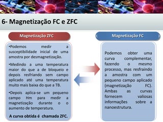6- Magnetização FC e ZFC
Magnetização ZFC
•Podemos medir a
susceptibilidade inicial de uma
amostra por desmagnetização.
•Medindo a uma temperatura
maior do que a de bloqueio e
depois resfriando sem campo
aplicado até uma temperatura
muito mais baixa do que a TB.
•Depois aplica-se um pequeno
campo Hm para medir a
magnetização durante o o
aumento de temperatura.
A curva obtida é chamada ZFC.
Podemos obter uma
curva complementar,
fazendo o mesmo
processo, mas resfraindo
a amostra com um
pequeno campo aplicado
(magnetização FC).
Ambas as curvas
fornecem valiosas
informações sobre a
nanoestrutura.
Magnetização FC
 