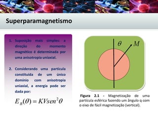 1. Suposição mais simples: a
direção do momento
magnético é determinada por
uma anisotropia uniaxial.
2. Considerando uma partícula
constituída de um único
domínio com anisotropia
uniaxial, a energia pode ser
dada por:
 2
)( KVsenEB 
Superparamagnetismo
Figura 2.1 - Magnetização de uma
partícula esférica fazendo um ângulo q com
o eixo de fácil magnetização (vertical).
 