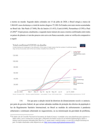 e mortes no mundo. Segundo dados coletados em 13 de julho de 2020, o Brasil atingiu a marca de
1.864.681 casos da doença e o total de mortes chegou a 72.100. Os Estados com mais mortes acumuladas
no Brasil são: São Paulo (17.848), Rio de Janeiro (11.415), Ceará (6.868), Pernambuco (5.595) e Pará
(5.289)44
. O país possui, atualmente, o segundo maior número de casos e mortes confirmados entre todos
os países do planeta e é um dos poucos com curva em franca ascensão, como se verifica do comparativo
a seguir:
114. Em que pese a adoção inicial de diretrizes de distanciamento social e o anúncio,
por parte do governo federal, de que seriam adotadas medidas de proteção dos direitos da população à
luz do Regulamento Sanitário Internacional, no Brasil as medidas de enfrentamento à pandemia
esbarraram e continuam esbarrando no negacionismo, ou na minimização da gravidade do problema,
44
Os dados são do Conselho Nacional de Secretários de Saúde (Conass). A entidade criou uma plataforma para registrar os
dados sobre o novo coronavírus no país após o Ministério da Saúde excluir de seu boletim epidemiológico diário o
número total de pessoas infectadas pelo Sars-Cov-2, assim como o total de mortes e a curva de evolução da doença no
país. Os dados atualizados estão disponíveis em: http://www.conass.org.br/painelconasscovid19/.
 