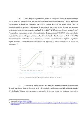 160. Com a chegada da pandemia o quadro de violações a direitos da população negra
tem se agravado, potencializadas por condutas comissivas e omissas do Governo Federal. Segundo a
representante do Fundo de Populações das Nações Unidas (UNFPA) no Brasil, Astrid Bant, “a
pandemia, unida ao racismo e à dificuldade de a população negra exercer seus direitos, tem resultado
no agravamento de doenças, na maior letalidade frente à COVID-19 e em mais desemprego e pobreza”.
Pesquisadores reunidos em evento sobre os impactos da pandemia de COVID-19 sobre a população
negra no Brasil, realizado pela Associação Brasileira de Estudos Populacionais (ABEP) e (UNFPA),
indicaram que “os obstáculos que as iniquidades, o racismo e a discriminação impõem à população
negra brasileira, a tornando mais vulnerável aos impactos de saúde, econômicos e sociais da
pandemia”.101
1. Taxa de letalidade da COVID-19 por raça/cor. Fonte: PUC-RJ102
161. Levantamento realizado pela Agência Pública, a partir de dados referentes ao mês
de abril, revela uma situação alarmante sobre a desigualdade racial no que tange à letalidade de Covid-
19. No Brasil, “há uma morte a cada três internações de pessoas negras por síndrome respiratório
101
Disponível em: https://bit.ly/2XMc257
102
https://nacoesunidas.org/covid-19-deve-agravar-situacao-de-saude-pobreza-e-capacidade-de-recuperacao-da-populacao-
negra-no-brasil/
 