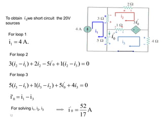 12
To obtain i’
0we short circuit the 20V
sources
i1
i2
i3A.4i1 
0)(152)(3 320
'
212  iiiiii
For loop 2
For loop 1
For loop 3
045)(1)(5 3
'
02313  iiiiii
310 iii' 
For solving i1, i2, i3 A
17
52
i 0
'

 