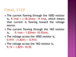  The current flowing through the 100Ω resistor
is, 9.1mA + (-18.2mA)= -9.1mA, which means
that current is flowing toward the voltage
source.
 The current flowing through the 1KΩ resistor
is, 9.1mA + 1.82mA= 10.92mA.
 The voltage across the 100Ω resistor is,
0.91V - (1.82V) = -0.91V.
 The voltage across the 1KΩ resistor is,
9.1V + 1.82V= 10.92
 