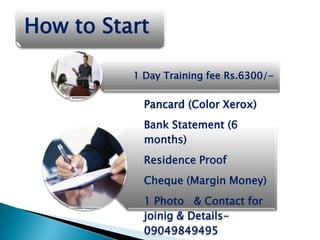 How to Start

          1 Day Training fee Rs.6300/-

            Pancard (Color Xerox)
            Bank Statement (6
            months)
            Residence Proof
            Cheque (Margin Money)
            1 Photo & Contact for
            joinig & Details-
            09049849495
 