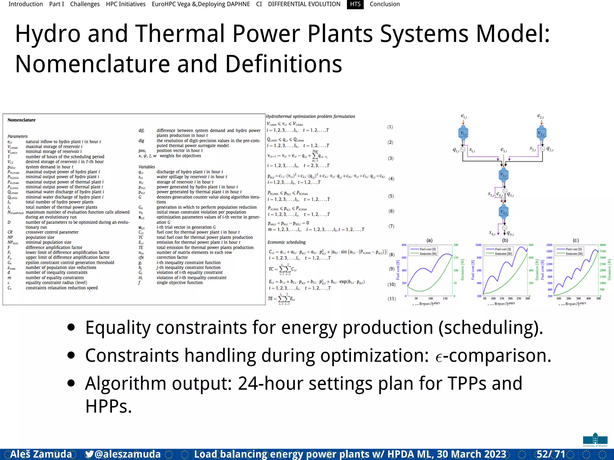 Introduction Part I Challenges HPC Initiatives EuroHPC Vega &,Deploying DAPHNE CI DIFFERENTIAL EVOLUTION HTS Conclusion
Hydro and Thermal Power Plants Systems Model:
Nomenclature and Deﬁnitions
• Equality constraints for energy production (scheduling).
• Constraints handling during optimization: ϵ-comparison.
• Algorithm output: 24-hour settings plan for TPPs and
HPPs.
Aleš Zamuda 7@aleszamuda Load balancing energy power plants w/ HPDA ML, 30 March 2023 52/ 71
 