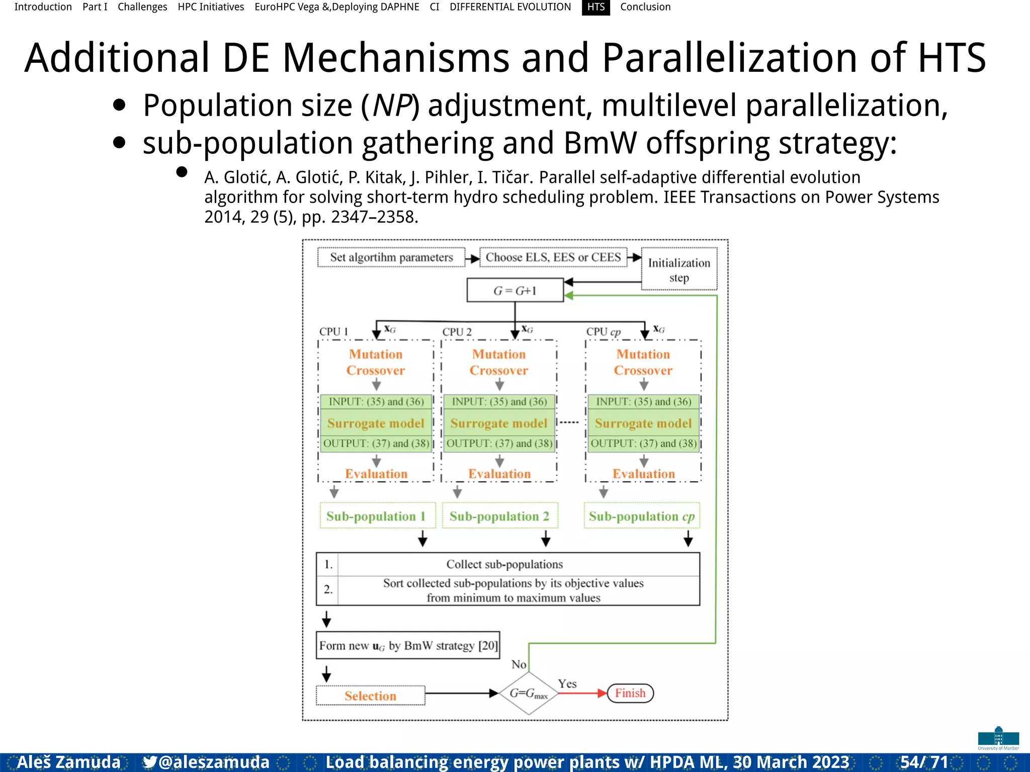 Introduction Part I Challenges HPC Initiatives EuroHPC Vega &,Deploying DAPHNE CI DIFFERENTIAL EVOLUTION HTS Conclusion
Additional DE Mechanisms and Parallelization of HTS
• Population size (NP) adjustment, multilevel parallelization,
• sub-population gathering and BmW offspring strategy:
• A. Glotić, A. Glotić, P. Kitak, J. Pihler, I. Tičar. Parallel self-adaptive differential evolution
algorithm for solving short-term hydro scheduling problem. IEEE Transactions on Power Systems
2014, 29 (5), pp. 2347–2358.
Aleš Zamuda 7@aleszamuda Load balancing energy power plants w/ HPDA ML, 30 March 2023 54/ 71
 