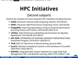 Introduction Part I Challenges HPC Initiatives EuroHPC Vega &,Deploying DAPHNE CI DIFFERENTIAL EVOLUTION HTS Conclusion
HPC Initiatives
(Second subpart)
Timeline (as member) of recent impactful HPC initiatives including Slovenia:
• SLING: Slovenian national supercomputing network, 2010-05-03–,
• SIHPC: Slovenian High-Performance Computing Centre, 2016-03-04–
• ImAppNIO: Improving Applicability of Nature-Inspired Optimisation
by Joining Theory and Practice, 2016-03-09–2020-10-31
• cHiPSet: High-Performance Modelling and Simulation for Big Data
Applications, 2015-04-08–2019-04-07,
• HPC RIVR: UPGRADING OF NATIONAL RESEARCH INFRASTRUCTURES,
Investment Program, 2018-03-01–2020-09-15,
• TFoB: IEEE CIS Task Force on Benchmarking, January 2020–,
• EuroCC: National Competence Centres in the framework of EuroHPC,
2020-09-01–(2022-08-31),
• DAPHNE: Integrated Data Analysis Pipelines for Large-Scale Data
Management, HPC, and Machine Learning, 2020-12-01–(2024-11-30).
Aleš Zamuda 7@aleszamuda Load balancing energy power plants w/ HPDA ML, 30 March 2023 15/ 71
 