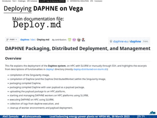 Introduction Part I Challenges HPC Initiatives EuroHPC Vega &,Deploying DAPHNE CI DIFFERENTIAL EVOLUTION HTS Conclusion
Deploying DAPHNE on Vega
Main documentation ﬁle:
Deploy.md
Aleš Zamuda 7@aleszamuda Load balancing energy power plants w/ HPDA ML, 30 March 2023 27/ 71
 