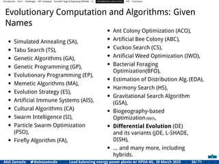 Introduction Part I Challenges HPC Initiatives EuroHPC Vega &,Deploying DAPHNE CI DIFFERENTIAL EVOLUTION HTS Conclusion
Evolutionary Computation and Algorithms: Given
Names
• Simulated Annealing (SA),
• Tabu Search (TS),
• Genetic Algorithms (GA),
• Genetic Programming (GP),
• Evolutionary Programming (EP),
• Memetic Algorithms (MA),
• Evolution Strategy (ES),
• Artiﬁcial Immune Systems (AIS),
• Cultural Algorithms (CA)
• Swarm Intelligence (SI),
• Particle Swarm Optimization
(PSO),
• Fireﬂy Algorithm (FA),
• Ant Colony Optimization (ACO),
• Artiﬁcial Bee Colony (ABC),
• Cuckoo Search (CS),
• Artiﬁcial Weed Optimization (IWO),
• Bacterial Foraging
Optimization(BFO),
• Estimation of Distribution Alg. (EDA),
• Harmony Search (HS),
• Gravitational Search Algorithm
(GSA),
• Biogeography-based
Optimization(BBO),
• Differential Evolution (DE)
and its variants (jDE, L-SHADE,
DISH),
• ... and many more, including
hybrids.
Aleš Zamuda 7@aleszamuda Load balancing energy power plants w/ HPDA ML, 30 March 2023 36/ 71
 