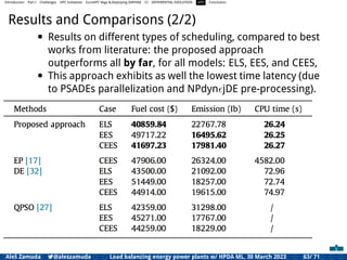 Introduction Part I Challenges HPC Initiatives EuroHPC Vega &,Deploying DAPHNE CI DIFFERENTIAL EVOLUTION HTS Conclusion
Results and Comparisons (2/2)
• Results on different types of scheduling, compared to best
works from literature: the proposed approach
outperforms all by far, for all models: ELS, EES, and CEES,
• This approach exhibits as well the lowest time latency (due
to PSADEs parallelization and NPdynϵjDE pre-processing).
Aleš Zamuda 7@aleszamuda Load balancing energy power plants w/ HPDA ML, 30 March 2023 63/ 71
 