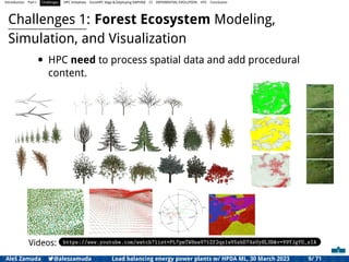 Introduction Part I Challenges HPC Initiatives EuroHPC Vega &,Deploying DAPHNE CI DIFFERENTIAL EVOLUTION HTS Conclusion
Challenges 1: Forest Ecosystem Modeling,
Simulation, and Visualization
• HPC need to process spatial data and add procedural
content.
Videos: https://www.youtube.com/watch?list=PL7pmTW8neV7tZf2qx1wV5zbD74sUyHL3B&v=V9YJgYO_sIA
Aleš Zamuda 7@aleszamuda Load balancing energy power plants w/ HPDA ML, 30 March 2023 9/ 71
 