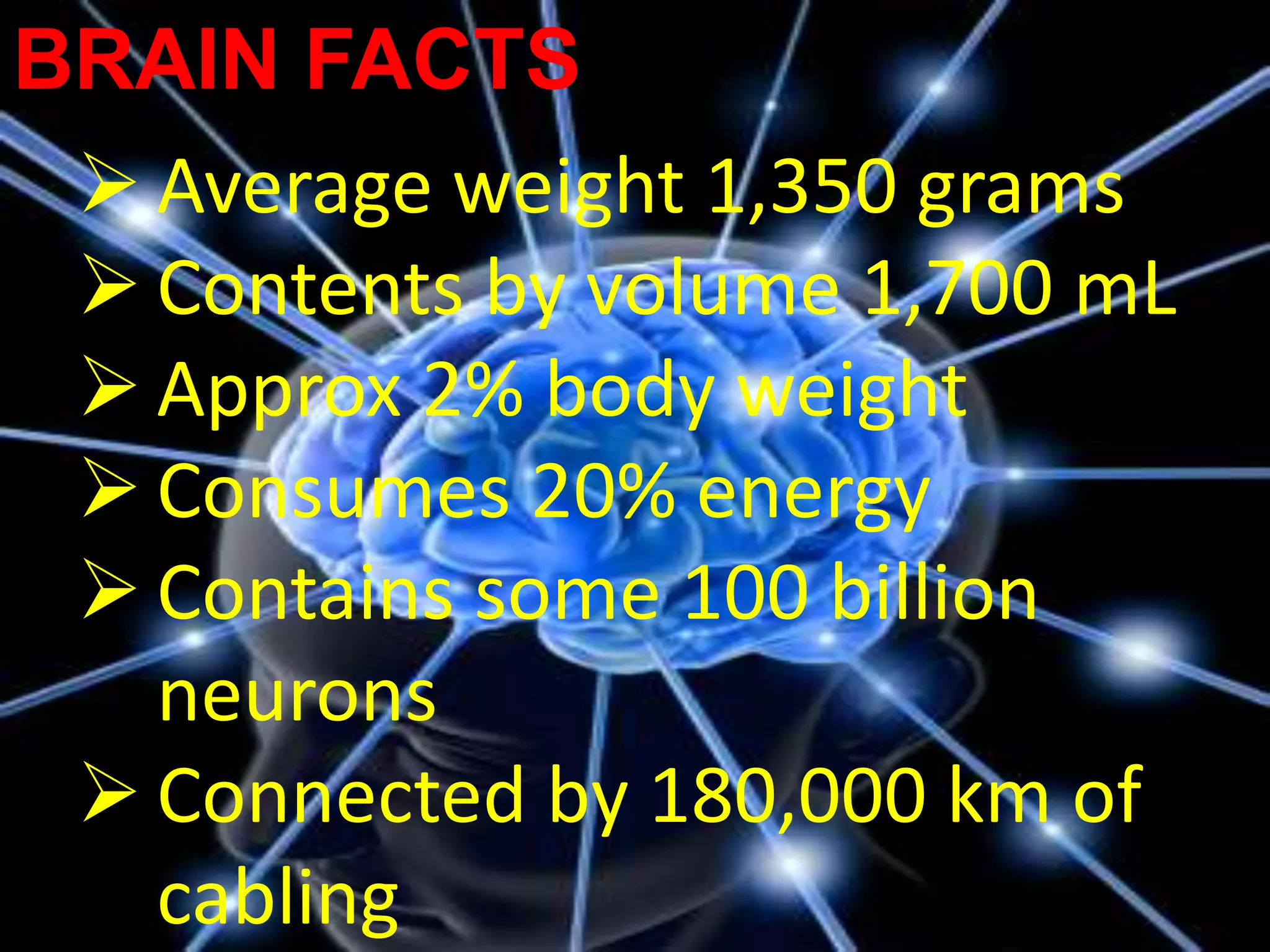 BRAIN FACTS
  Average weight 1,350 grams
  Contents by volume 1,700 mL
  Approx 2% body weight
  Consumes 20% energy
  Contains some 100 billion
   neurons
  Connected by 180,000 km of
   cabling
 