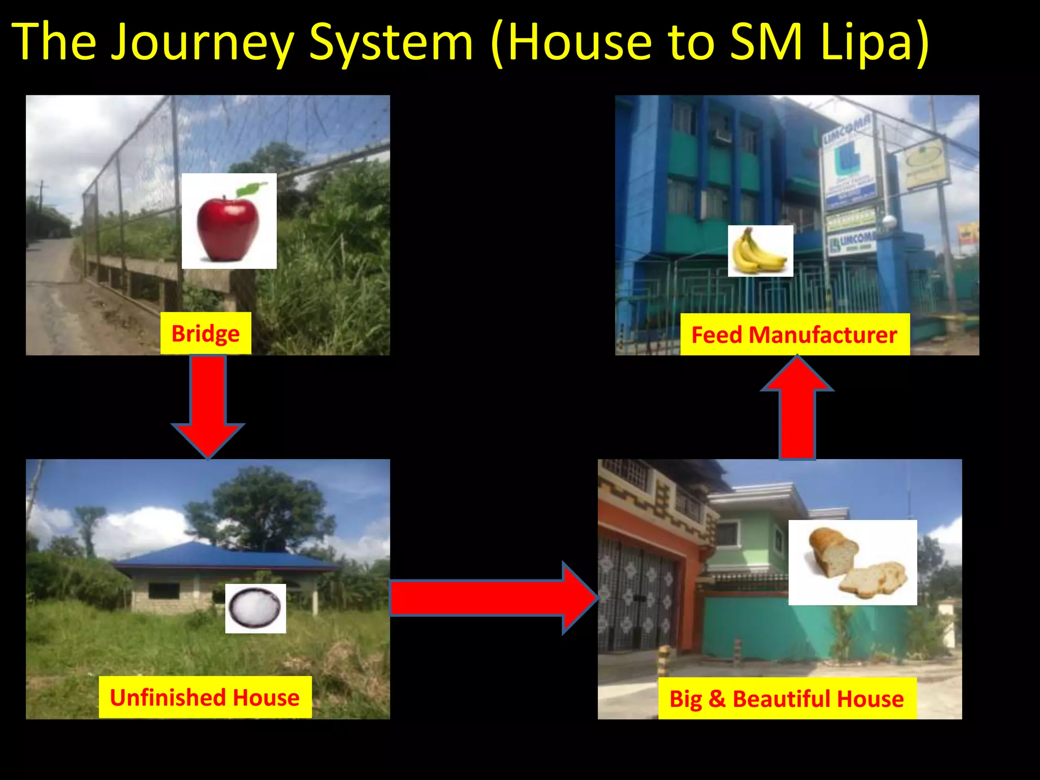 The Journey System (House to SM Lipa)



        Bridge             Feed Manufacturer




   Unfinished House       Big & Beautiful House
 