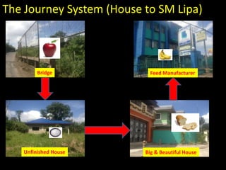 The Journey System (House to SM Lipa)



        Bridge             Feed Manufacturer




   Unfinished House       Big & Beautiful House
 