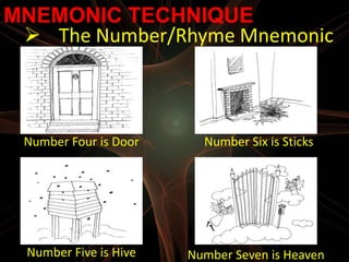 MNEMONIC TECHNIQUE
  The Number/Rhyme Mnemonic



 Number Four is Door     Number Six is Sticks




 Number Five is Hive   Number Seven is Heaven
 