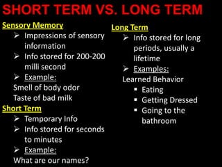 SHORT TERM VS. LONG TERM
Sensory Memory               Long Term
    Impressions of sensory      Info stored for long
      information                  periods, usually a
    Info stored for 200-200       lifetime
      milli second               Examples:
    Example:                   Learned Behavior
   Smell of body odor               Eating
   Taste of bad milk                Getting Dressed
Short Term                          Going to the
    Temporary Info                   bathroom
    Info stored for seconds
      to minutes
    Example:
   What are our names?
 