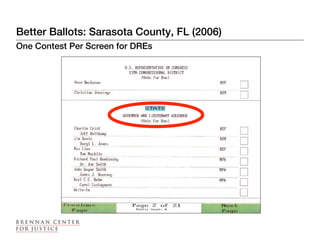 Better Ballots: Sarasota County, FL (2006)
One Contest Per Screen for DREs
 