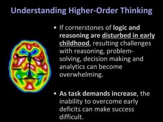 Understanding Higher-Order Thinking
• If cornerstones of logic and
reasoning are disturbed in early
childhood, resulting challenges
with reasoning, problem-
solving, decision making and
analytics can become
overwhelming.
• As task demands increase, the
inability to overcome early
deficits can make success
difficult.
 