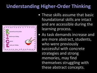 Understanding Higher-Order Thinking
• These skills assume that basic
foundational skills are intact
and are accessible during the
learning process.
• As task demands increase and
are more abstract, students,
who were previously
successful with concrete
strategies and strong
memories, may find
themselves struggling with
these abstract concepts.
 