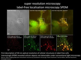 super resolution microscopy label-free localisation microscopy SPDM First description of 50 nm optical resolution of cellular structures in label-free cells Interestingly SPDM revealed cellular objects not detectable under conventional light microscopy  Micron, 2010:  Imaging label-free intracellular structures by localisation microscopy : Rainer Kaufmann, Patrick Müller, Michael Hausmann,  Christoph Cremer 