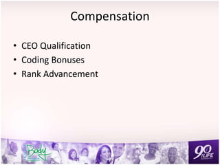 Compensation
• CEO Qualification
• Coding Bonuses
• Rank Advancement
 