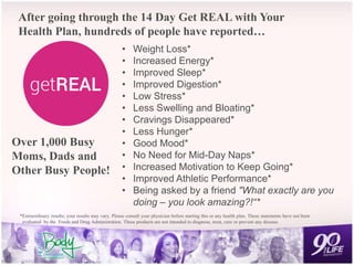 After going through the 14 Day Get REAL with Your
Health Plan, hundreds of people have reported…
• Weight Loss*
• Increased Energy*
• Improved Sleep*
• Improved Digestion*
• Low Stress*
• Less Swelling and Bloating*
• Cravings Disappeared*
• Less Hunger*
• Good Mood*
• No Need for Mid-Day Naps*
• Increased Motivation to Keep Going*
• Improved Athletic Performance*
• Being asked by a friend "What exactly are you
doing – you look amazing?!“*
Over 1,000 Busy
Moms, Dads and
Other Busy People!
*Extraordinary results; your results may vary. Please consult your physician before starting this or any health plan. These statements have not been
evaluated by the Foods and Drug Administration. These products are not intended to diagnose, treat, cure or prevent any disease.
 