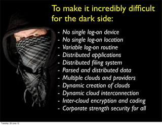 To make it incredibly difﬁcult
                      for the dark side:
                       -   No single log-on device
                       -   No single log-on location
                       -   Variable log-on routine
                       -   Distributed applications
                       -   Distributed ﬁling system
                       -   Parsed and distributed data
                       -   Multiple clouds and providers
                       -   Dynamic creation of clouds
                       -   Dynamic cloud interconnection
                       -   Inter-cloud encryption and coding
                       -   Corporate strength security for all

Tuesday, 26 June 12
 