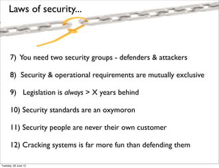 Laws of security...



      7) You need two security groups - defenders & attackers

      8) Security & operational requirements are mutually exclusive

      9) Legislation is always > X years behind

      10) Security standards are an oxymoron

      11) Security people are never their own customer

      12) Cracking systems is far more fun than defending them

Tuesday, 26 June 12
 