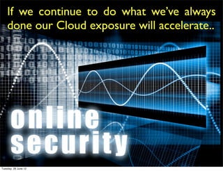 If we continue to do what we’ve always
    done our Cloud exposure will accelerate..




Tuesday, 26 June 12
 