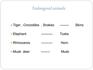 Endangered animals
Tiger , Crocodiles , Snakes -------- Skins
Elephant ---------- Tusks
Rhinoceros ---------- Horn
Musk deer -------- Musk
 