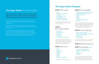 The Super Shake: A meal in a glass
The Super Shake combines high-quality protein,
ﬁber, good fats, vitamins, minerals, antioxidants,
and other good stuff in a tasty, convenient formula.
It can replace a meal when you’re in a hurry, or give you some extra protein and
calories when trying to build muscle. The Super Shake isn’t a speciﬁc shake, nor any
particular recipe.
It’s a concept. A template. Something that lets you choose your own nutritional
adventure while getting high-quality nutrition and trusting that you’re doing something
good for your body.
You can follow our recipes. Or come up with your own, using the guide. Your call.
Experiment. Try some stuff. Tailor the template to your needs. Most importantly:
Discover what works for you, and what you enjoy. To create your own nutritious and
tasty Super Shakes, follow the step-by-step guide here. Once you get the hang of
things, take the concept out for a spin. See what you can create. Have fun.
The Super Shake Template
STEP 1: Pick a liquid
• Water
• Almond milk (unsweetened)
• Cow’s milk
• Soy milk (unsweetened)
• Iced green tea
• Hemp milk (unsweetened)
• Coffee (for a morning shake)
You can also add crushed ice if you want a frosty
shake, or leave it out. The less liquid you use, the
thicker the shake will be.
STEP 2:
Pick a protein powder
• Whey protein
• Egg white protein
• Rice protein
• Pea protein
• Hemp protein
• Other proteins or protein blend
Some protein powders have thickeners added.
This will increase the thickness of your shake. Find
a protein supplement that you digest well and enjoy
the taste of. You can also use plain Greek yogurt or
cottage cheese instead of protein powder.
STEP 4: Pick a vegetable
• Dark leafy greens: spinach / Swiss chard / kale
• Cooked pumpkin or butternut squash
• Cooked sweet potato
• Beets
• Cucumber
• Celery
• Powdered greens supplement
• Avocado
Spinach and celery are good bets, as they’re virtually ﬂavorless
in your shake. Canned pumpkin is great too. It goes well with
vanilla. When using beets, try roasting and removing the skin
ﬁrst. They go well with chocolate. If you add celery / cucumber,
make sure to adjust the amount of liquid you add.
STEP 6: Blend that sucker up
STEP 7: Picka topper (optional)
• Shredded unsweetened coconut
• Cacao nibs or grated dark chocolate
• Yogurt
• Oats, granola
• Cinnamon
If you want to get fancy, sprinkle something on top of your
shake. A little goes a long way. Cinnamon is good with
vanilla and pumpkin. Add oats if you need extra carbs, or
yogurt if you want more protein and smoother consistency.
STEP 5: Pick a healthy fat
• Walnuts / cashews / almonds
• Peanut, natural peanut butter, other nut butters
• Flax, hemp, and chia seeds
• Coconut milk
• 1/4 to 1/2 avocado
Use 1-3 thumbs of fat, depending on your needs. Avocado
in particular will give your shake a creamy consistency.
STEP 3: Pick a fruit
• Berries
• Bananas
• Pitted cherries
• Apples
• Pineapple
• Mango
• Papaya
• Powdered fruit supplement
You can use fresh or frozen fruit. Any fruit you like.
 