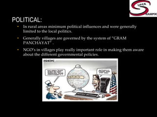 Political:In rural areas minimum political influences and were generally limited to the local politics.Generally villages are governed by the system of “GRAM PANCHAYAT” .NGO’s in villages play really important role in making them aware about the different governmental policies.