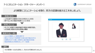 7-2.コミュニケーション（マネージャー・メンバー）
22
・タスク管理ツールなども活用して、プロセスの可視化を行いましょう。
より頻繁にコミュニケーションを取り、双方の認識を揃える工夫をしましょう。
備考
・上司は部下の業務のプロセスが見えにくい状況
・部下は上司に相談が気軽にしにくい状況
環境の変化
・オンライン前提での進捗確認や相談の頻度見直し
・より気軽に相談が出来る環境の構築
実現したいこと
・1on1の頻度 or 時間を増やす
・朝会/夕会などで短時間でも毎日話す機会を作る
・目標を月次で分解、定期的に進捗確認を実施
・相談時間OKの時間をカレンダーで登録
推奨方法(一例)
 