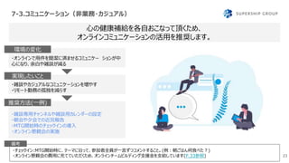 7-3.コミュニケーション（非業務・カジュアル）
23
心の健康補給を各自おこなって頂くため、
オンラインコミュニケーションの活用を推奨します。
・オンラインで用件を簡潔に済ませるコミュニケー ションが中
心になり、余白や雑談が減る
環境の変化
・雑談やカジュアルなコミュニケーションを増やす
・リモート勤務の孤独を減らす
実現したいこと
・雑談専用チャンネルや雑談用カレンダーの設定
・朝会や夕会での近況報告
・MTG開始時のチェックインの導入
・オンライン懇親会の実施
推奨方法(一例)
・チェックイン:MTG開始時に、テーマに沿って、参加者全員が一言ずつコメントすること。(例：朝ごはん何食べた？)
・オンライン懇親会の費用に充てていただくため、オンラインチームビルディング支援金を支給しています(P.33参照)
備考
 
