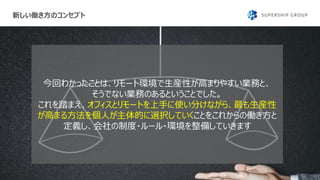 新しい働き方のコンセプト
6
今回わかったことは、リモート環境で生産性が高まりやすい業務と、
そうでない業務のあるということでした。
これを踏まえ、オフィスとリモートを上手に使い分けながら、最も生産性
が高まる方法を個人が主体的に選択していくことをこれからの働き方と
定義し、会社の制度・ルール・環境を整備していきます
 