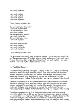 I can wash my knees.

I can wash my hair
I can wash my feet
I can wash my face.
I can wash my knees.

This is the way we take a bath!

Can you wash your shoulders?
I can wash my shoulders.
Can you wash your toes?
I can wash my toes.
Can you wash your hands?
I can wash my hands.
Can you wash your nose.
I can wash my nose.

I can wash my shoulders.
I can wash my toes.
I can wash my hands.
I can wash my nose.

This is the way we take a bath!

The actions for the song are quite simple-just pretend to wash each part of the body
on, “Can you wash your....?” and the children imitate and sing on, “I can wash my....”
Then, in the next section, sing and wash together, “I can wash my hair. I can wash
my feet. I can wash my face. I can wash my knees.”


15. Five Little Monkeys

F
Five little monkeys (Hold up five fingers.)Jumping on the bed (Jump up and down.)
                                           J
O
One fell off (Hold up 1 finger and then roll your hand down towards the floor.)And
b
bumped his head (Tap your head with your fist.)Mama called the doctor and the
d
doctor said (Put your pinky and thumb to your ear like a telephone.)No more
monkeys jumping on the bed! (Put one hand on your hip and wag your index finger.)

F
Four little monkeys (Hold up four fingers.)Jumping on the bed (Jump up and down.)
                                            J
O
One fell off (Hold up 1 finger and then roll your hand down towards the floor.)And
b
bumped his head (Tap your head with your fist.)Mama called the doctor and the
d
doctor said (Put your pinky and thumb to your ear like a telephone.)No more
monkeys jumping on the bed! (Put one hand on your hip and wag your index finger.)

T
Three little monkeys (Hold up three fingers.)Jumping on the bed (Jump up and
d
down.)One fell off (Hold up 1 finger and then roll your hand down towards the floor.)
       O
A
And bumped her head (Tap your head with your fist.)Mama called the doctor and the
d
doctor said (Put your pinky and thumb to your ear like a telephone.)No more
monkeys jumping on the bed! (Put one hand on your hip and wag your index finger.)
 