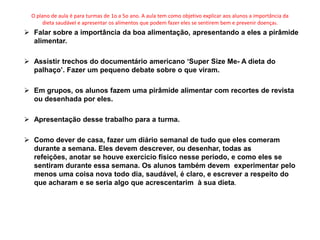 O plano de aula é para turmas de 1o a 5o ano. A aula tem como objetivo explicar aos alunos a importância da
       dieta saudável e apresentar os alimentos que podem fazer eles se sentirem bem e prevenir doenças.
 Falar sobre a importância da boa alimentação, apresentando a eles a pirâmide
  alimentar.

 Assistir trechos do documentário americano ‘Super Size Me- A dieta do
  palhaço’. Fazer um pequeno debate sobre o que viram.

 Em grupos, os alunos fazem uma pirâmide alimentar com recortes de revista
  ou desenhada por eles.

 Apresentação desse trabalho para a turma.

 Como dever de casa, fazer um diário semanal de tudo que eles comeram
  durante a semana. Eles devem descrever, ou desenhar, todas as
  refeições, anotar se houve exercício físico nesse período, e como eles se
  sentiram durante essa semana. Os alunos também devem experimentar pelo
  menos uma coisa nova todo dia, saudável, é claro, e escrever a respeito do
  que acharam e se seria algo que acrescentarim à sua dieta.
 