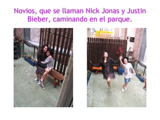 Novios, que se llaman Nick Jonas y Justin Bieber, caminando en el parque. 