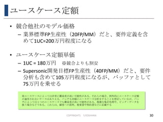 ユースケース定額
• 競合他社のモデル価格
– 業界標準FP生産性（20FP/MM）だと、要件定義を含
めて1UC=200万円程度になる
• ユースケース定額単価
– 1UC = 180万円 ※競合よりも割安
– Supersonic開発目標FP生産性（40FP/MM）だと、要件
分析も含めて105万円程度になるが、バッファとして
75万円を乗せる
COPYRIGHTS S.YOSHIHRA 30
※ユースケースによっては非常に難易度が高い可能性がある。それらの場合、例外的にユースケース定額
が適用されないケースはありえる。バッチも同様にユースケース分析をすることを想定しているが、バッ
チによっては１つのユースケースでも難易度が高い可能性がある。複雑な集計処理や、ビッグ・データを
扱う場合などである。これらは、顧客への説明、提案書や契約書などに記載する
 