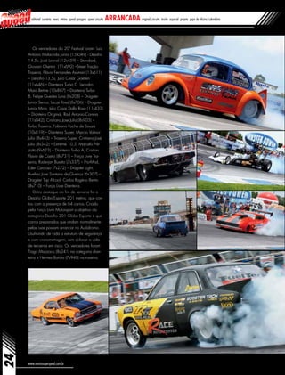 24
www.revistasuperspeed.com.br
editorial sumário news vitrine speed garagem speed circuito arrancada original circuito inside especial projeto papo de oficina calendário
Os vencedores do 20º Festival foram: Luiz
Antonio Malacrida Junior (15s049) - Desafio
14,5s, José Leonel (12s459) – Standard,
Giovani Chemin (11s692) –Street Tração
Traseira, Flávio Fernandes Assman (13s611)
– Desafio 13,5s, Julio Cesar Goetten
(11s646) – Dianteira Turbo C, Leandro
Maia Betine (10s887) – Dianteira Turbo
B, Felipe Guedes Luna (8s208) – Dragster
Junior Senior, Lucas Rosa (8s706) – Dragster
Junior Mirin, Julio César Dalla Rosa (11s433)
– Dianteira Original, Raul Antonio Correia
(11s042), Cristiano Jose Julio (8s903) –
Turbo Traseira, Fabiano Rocha de Souza
(10s819) – Dianteira Super, Marcio Valmor
Julio (8s443) – Traseira Super, Cristiano José
Julio (8s342) – Extreme 10,5, Marcelo Pre-
zotto (9s623) – Dianteira Turbo A, Cristian
Flavio de Castro (8s731) – Força Livre Tra-
seira, Roderjan Busato (7s337) – Pro-Mod,
Eder Cardoso (7s272) – Dragster Light,
Avelino Jose Santana de Queiroz (6s307) –
Dragster Top Alcool, Carlos Rogério Bento
(8s710) – Força Livre Dianteira.
Outro destaque do fim de semana foi o
Desafio Globo Esporte 201 metros, que con-
tou com a presença de 64 carros. Criado
pela Força Livre Motorsport o objetivo da
categoria Desafio 201 Globo Esporte é que
carros preparados que andam normalmente
pelas ruas possam arrancar no Autódromo.
Usufruindo de toda a estrutura de segurança
e com cronometragem, sem colocar a vida
de terceiros em risco. Os vencedores foram
Tiago Mazzoco (8s241) na categoria dian-
teira e Hermes Batista (7s940) na traseira.
 