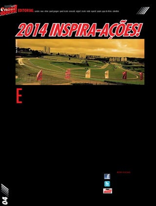 04
www.revistasuperspeed.com.br
editorial sumário news vitrine speed garagem speed circuito arrancada original circuito inside especial projeto papo de oficina calendário
E
ste é um ano decisivo para o au-
tomobilismo brasileiro. Não faltam
motivos para que todos os envol-
vidos com o segmento automotivo
se dediquem ainda mais neste ano
que começou há poucas semanas, seja
lá em qual área estejam atuando: sejam
pilotos, lojistas, preparadores, jornalistas,
ou meros entusiastas e apaixonados pelo
assunto, todos nós temos papéis impor-
tantes e nem todas as nossas inspirações
para isso são positivas. Por exemplo a
Copa do Mundo, que será realizada entre
os meses de junho e julho e atrairá a aten-
ção de praticamente 90% dos brasileiros
(e também dos “gringos”). É preocupante,
mas há solução e esta é uma motivação
para que o nosso rendimento seja maior.
No ano passado, boa parte das catego-
rias automobilísticas tiveram uma evolução
considerável em nível de preparação, peças,
números de potência no motor e de tempos
na pista. Mas tudo isso mostrou que ainda há
muito o que ser explorado e sempre haverá
formas de acelerar “acima do limite”. Não
há dúvidas de que precisamos de mais pistas
para todas as categorias (arrancada, circuito,
off-road, kart) e também de organizadores
mais dedicados e empenhados em fazer o
reconhecimento do esporte crescer. Depende
de todos. Desde o sujeito que trabalha na
ambulância em uma prova de arrancada, ou
REDES SOCIAIS
facebook.com/revistasuperspeed
twitter.com/superspd
revistasuperspeed.com.br/superspeed
o que limpa a pista, até aquele que é res-
ponsável pela assessoria de alguma equipe.
Se trabalharmos com paixão, tudo fica muito
mais bem feito e isso é indiscutível.
Com base nessas e tantas outras inspira-
ções, que não caberiam em um editorial,
nossa equipe produziu a primeira edição
de 2014 com as últimas e mais importantes
competições do ano passado, tais como
o 20º Festival Brasileiro de Arrancada, a
Stock Car na etapa da Corrida do Milhão,
a final do Brasileiro de Marcas entre vários
outros. Nossa ideia, com isso, é trazer ainda
mais motivação a todos os que fizeram parte
dos espetáculos que estampam em nossas
páginas, e também aos que não tiveram a
oportunidade de comparecer, mas estão dis-
postos a “batalhar” neste ano para prestigiar,
ou competir, em alguma prova.
Além dos eventos, trazemos alguns carros
que acreditamos que seja do agrado da
maioria dos leitores de nossa publicação:
em destaque, a Puma GTB com motor seis
cilindros nitro, do piloto curitibano Alexandre
Patitucci, que mostra-se “multi-uso” não
só nas ruas, mas também nas pistas,
acelerando em track days, arrancadas e
até em eventos de “manobras radicais”.
Outro destaque é o polêmico projeto do
paulistano Francis Ribeiro, que montou
suspensão a ar e uma mecânica turbo de
300hp em seu VW Fusca 1970 e surpre-
2014 inspira-ações!
endeu a equipe da Super Speed com seu
desempenho e conjunto bem montado.
Totalmente contrário aos carros citados
anteriormente, também mostraremos nas pró-
ximas páginas uma Audi S3 com preparação
totalmente voltada para provas de circuito,
que busca abaixar décimos de segundo com
alívio de peso, aerodinâmica, pressão de
turbina e acertos do motor e suspensão!
Não deixe de ler também a entrevista
exclusiva que fizemos com o piloto brasileiro
Augusto Farfus, que compete no campeo-
nato europeu de turismo (DTM) e conta um
pouco de sua história, pretensões e outros
detalhes que poucos sabem de sua carreira.
Críticas, dúvidas ou sugestões? Envie-nos
um e-mail: superspeed@cteditora.com.br.
Boa leitura, inspire-se e até a próxima
edição!
Pedro Lessa
Editor
Revista Super Speed
Foto:DudaBairros
 