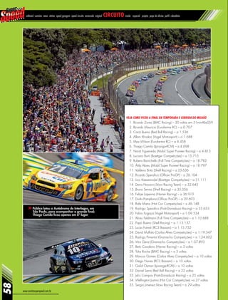 www.revistasuperspeed.com.br
58
editorial sumário news vitrine speed garagem speed circuito arrancada original circuito inside especial projeto papo de oficina perfil calendário
Veja como ficou a final da temporada e Corrida do Milhão
1. Ricardo Zonta (BMC Racing) – 30 voltas em 51min46s059
2. Ricardo Mauricio (Eurofarma RC) – a 0.707
3. Cacá Bueno (Red Bull Racing) – a 1.536
4. Allam Khodair (Vogel Motorsport) – a 1.688
5. Max Wilson (Eurofarma RC) – a 4.458
6. Thiago Camilo (Ipiranga-RCM) – a 4.698
7. Nonô Figueiredo (Mobil Super Pioneer Racing) – a 4.813
8. Luciano Burti (Boettger Competições) – a 15.715
9. Rubens Barrichello (Full Time Competições) – a 18.782
10. Átila Abreu (Mobil Super Pioneer Racing) – a 18.797
11. Valdeno Brito (Shell Racing) – a 23.636
12. Ricardo Sperafico (Officer ProGP) – a 26.104
13. Lico Kaesemodel (Boettger Competições) – a 31.111
14. Denis Navarro (Voxx Racing Team) – a 32.645
15. Bruno Senna (Shell Racing) – a 35.056
16. Felipe Lapenna (Hanier Racing) – a 36.910
17. Duda Pamplona (Officer ProGP) – a 39.693
18. Rafa Matos (Hot Car Competições) – a 46.148
19. Rodrigo Sperafico (Prati-Donaduzzi Racing) – a 55.653
20. Fabio Fogaça (Vogel Motorsport) – a 1:09.534
21. Alceu Feldmann (Full Time Competições) – a 1:10.688
22. Popó Bueno (Shell Racing) – a 1:13.137
23. Lucas Foresti (RC3 Bassani) – a 1:15.752
24. David Muffato (Carlos Alves Competições) – a 1:19.347
25. Rodrigo Pimenta (Gramacho Competições) – a 1:24.602
26. Vitor Genz (Gramacho Competições) – a 1:37.893
27. Beto Cavaleiro (Hanier Racing) – a 3 voltas
28. Tuka Rocha (BMC Racing) – a 3 voltas
29. Marcos Gomes (Carlos Alves Competições) – a 10 voltas
30. Diego Nunes (RC3 Bassani) – a 10 voltas
31. Galid Osman (Ipiranga-RCM) – a 10 votlas
32. Daniel Serra (Red Bull Racing) – a 22 voltas
33. Julio Campos (Prati-Donaduzzi Racing) – a 25 voltas
34. Wellington Justino (Hot Car Competições) –a 27 voltas
35. Sergio Jimenez (Voxx Racing Team) – a 29 voltas
Público lotou o Autódromo de Interlagos, em
São Paulo, para acompanhar a grande final;
Thiago Camilo ficou apenas em 6º lugar
 